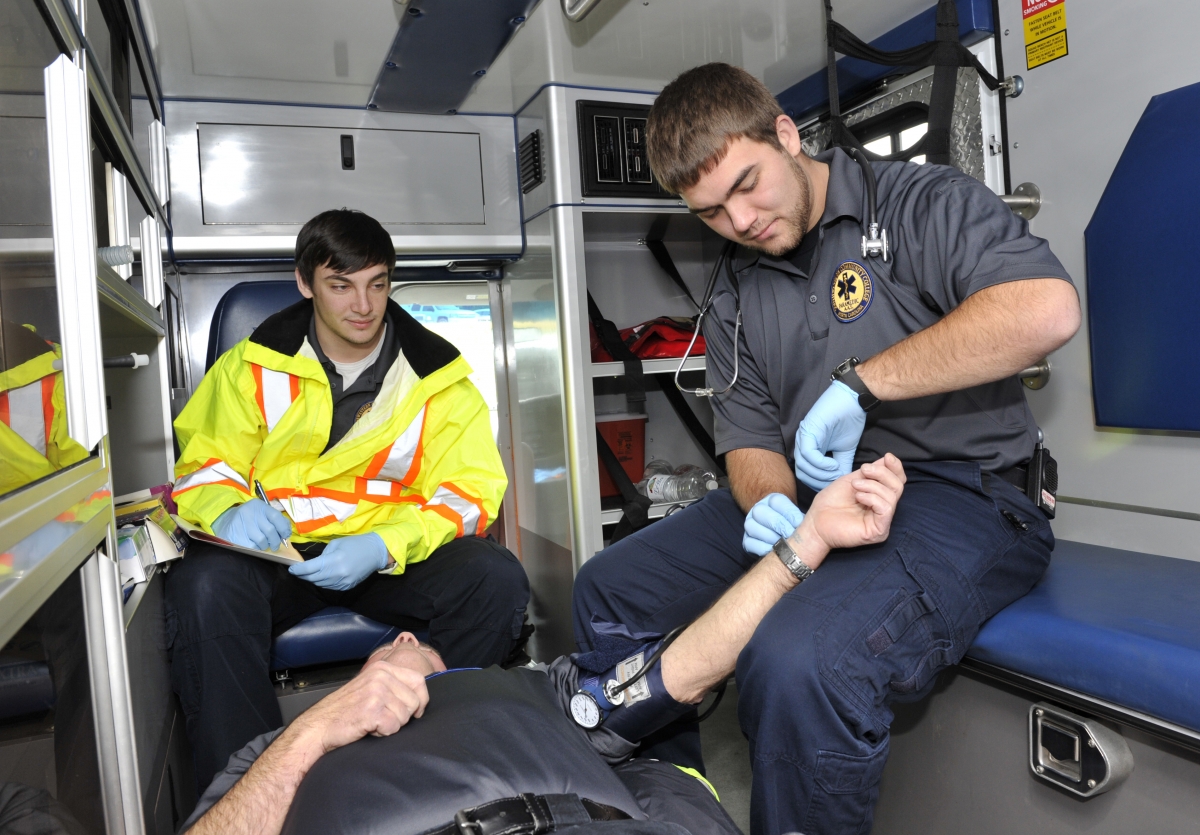 Photo of students working inside ambulance