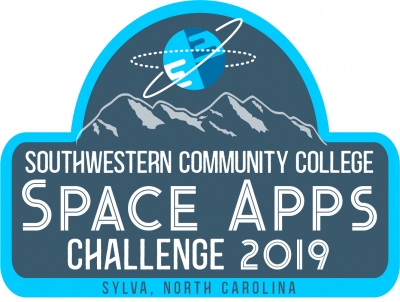 A blue logo featuring a planet and mountain that says "Southwestern Community College Space Apps Challenge 2019"