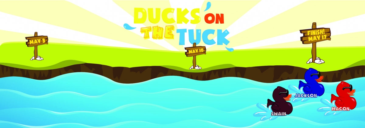 Animated graphic shows three ducks, each representing a different county in SCC's service area, racing in a river. After the fourth and final week, the blue duck representing Jackson County edged out Macon County's red duck and Swain County's maroon one.