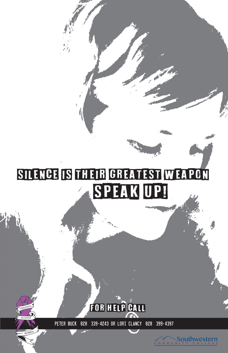 Silence is their greatest weapon; Speak Up! (Text on top of a photo of a photo of a female looking down)