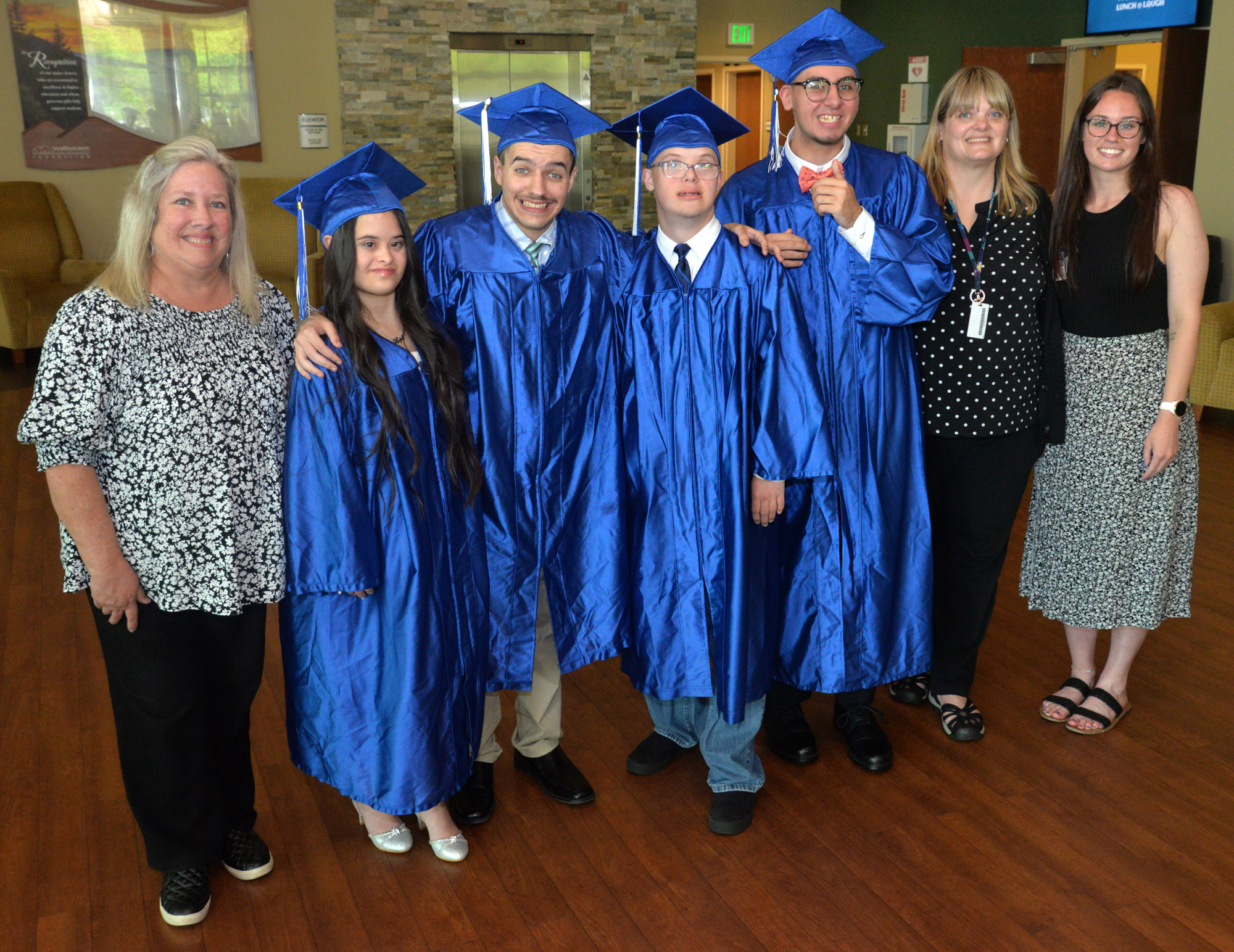 Project SEARCH graduates are pictured here with their instructors at Southwestern Community College, from left: Devonne Jimison, SCC’s Director of College & Career Readiness; Hope Lafleur of Waynesville; Johnathon Collier of Franklin; Josiah Bjerkness of Bryson City; Kody Kirkland of Sylva; Laura Tooker, SCC’s Coordinator of High School Equivalency Testing; and Alexa Lockhart, Project SEARCH Skills Trainer.