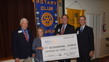 On Sept. 6, the Franklin Rotary Club donated $5,000 to the SCC Foundation’s Student Success Campaign. Pictured here are, from left: Charles Wolfe, chairman of the Student Success Campaign; Janet Greene, president-elect of the Franklin Rotary Club; Dr. Don Tomas, president of SCC; and Brett Woods, director of the SCC Foundation.