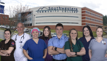 Harris Regional &amp; Swain Community Hospitals are offering a new “Healthcare Scholars” program that will provide last-dollar tuition and other financial support for SCC students in the Health Sciences fields represented in this photo. Pictured here are, from left: Ariel Chambers-Frizzell (Nurse Aide) of Sylva; Glenn Barnett (Nursing) of Robbinsville; Brittany Luker (Surgical Technology) of Cullowhee; Jordan Nelon (Medical Sonography) of Waynesville; Mitch Wike (EMS) of Cullowhee; Holly Parton (Respiratory The