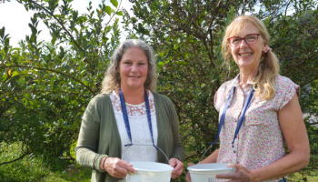 Marne Harris (left), Director of Southwestern Community College’s Small Business Center, picked blueberries with former Appalachian Farm School student, Cindy Anthony, who currently owns the Thomas Berry Farm in Cullowhee.