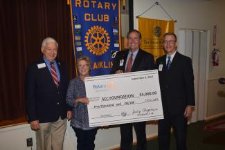 On Sept. 6, the Franklin Rotary Club donated $5,000 to the SCC Foundation’s Student Success Campaign. Pictured here are, from left: Charles Wolfe, chairman of the Student Success Campaign; Janet Greene, president-elect of the Franklin Rotary Club; Dr. Don Tomas, president of SCC; and Brett Woods, director of the SCC Foundation.
