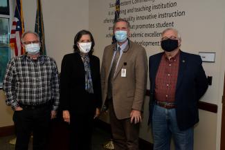 Dr. Beth Lofquist, new SCC Trustee, stands beside Lambert Wilson, Dr. Don Tomas and Vance Davidson.